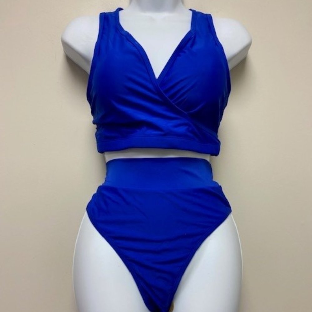NEW Royal Blue 2 Piece Bikini Swimsuit Bustier Longline French Cut,‎ size M